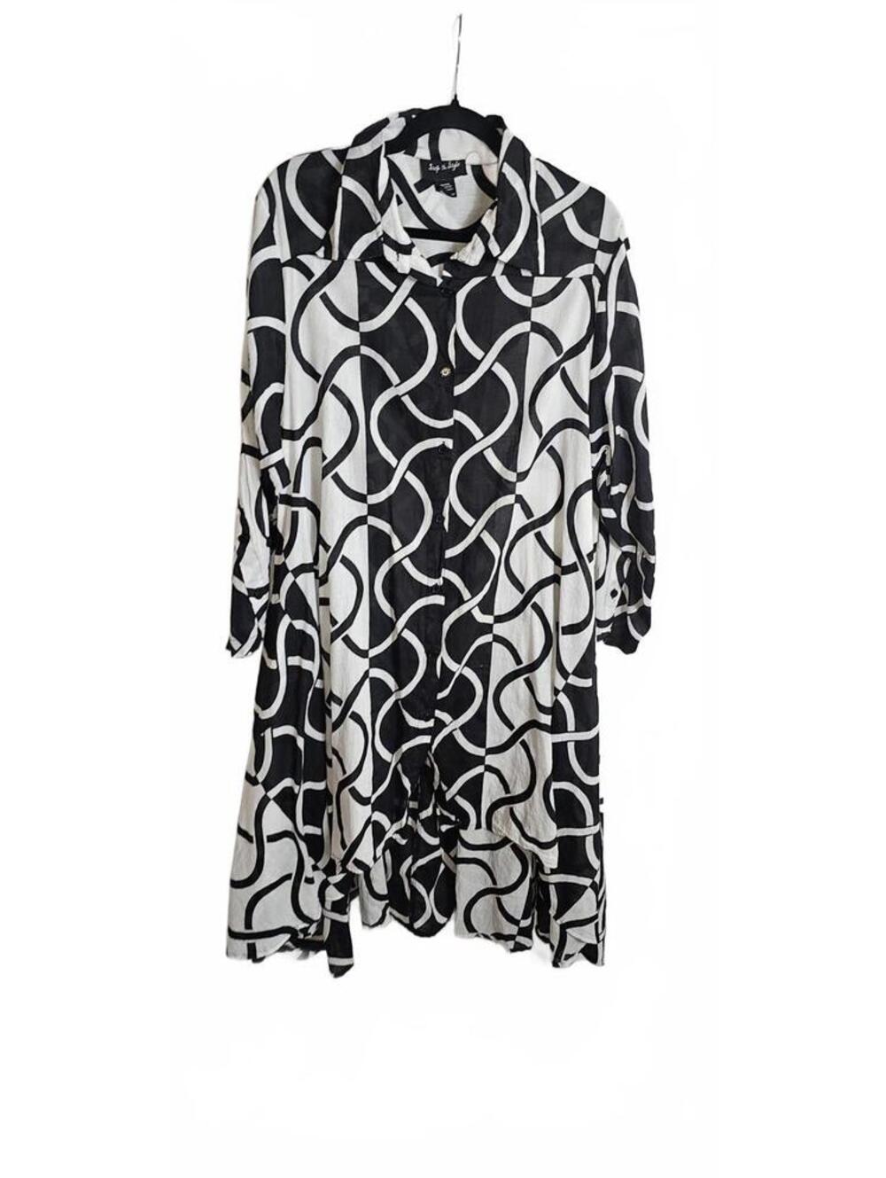 Step in Style 2X Black and White Patterned Long Sleeve Dress 100% Cotton